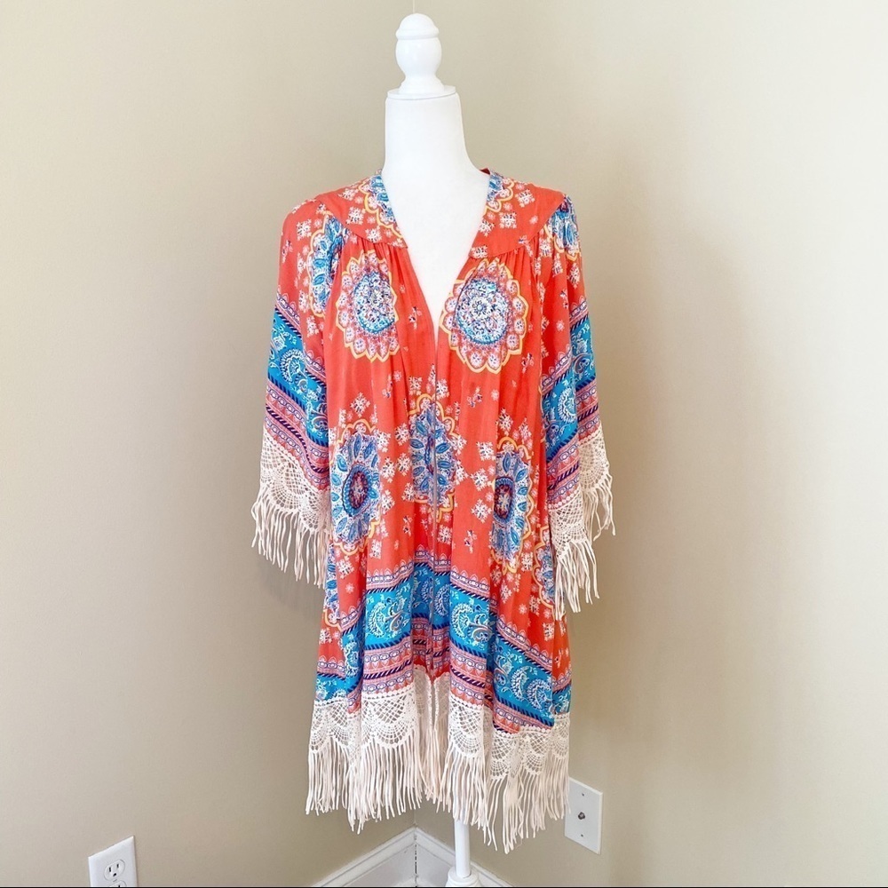 Umgee Fringe and Crochet Trim Orange Print Kimono - S/M